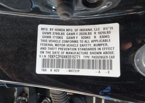 2019 Honda Civic Lx из США, поврежденный, VIN 19XFC2F6XKE015771